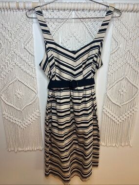 Motherhood Maternity Black & Cream Striped V-Neck Belted Midi Dress